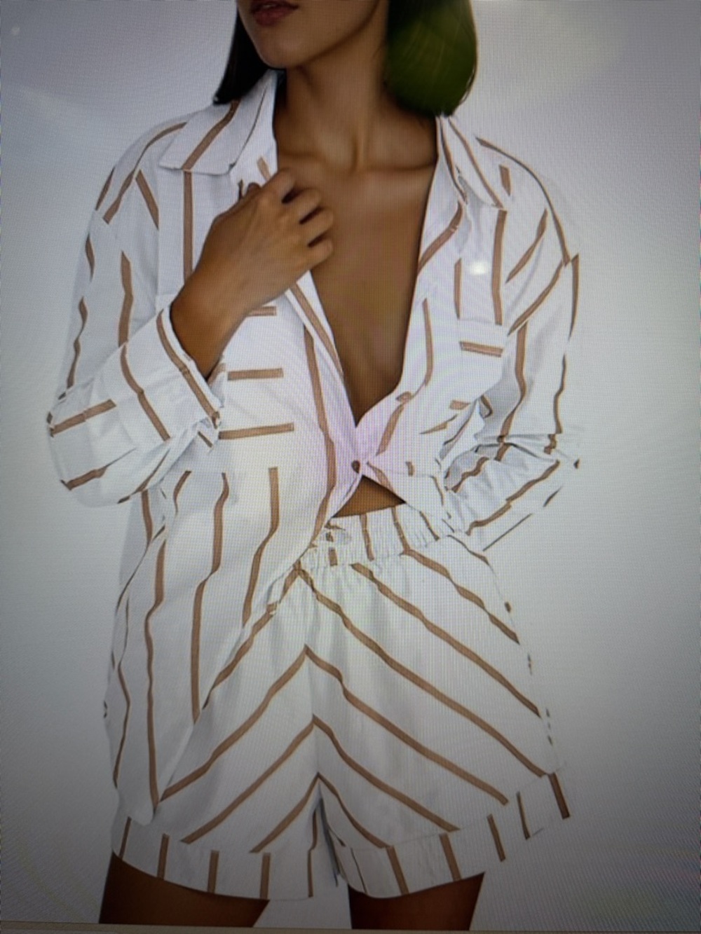 Women's White and Tan Striped Button Down Shirt and Shorts Set